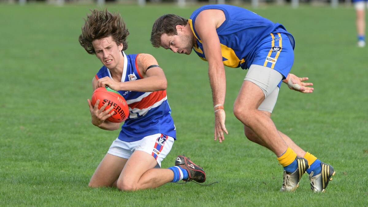 CHFL- Learmonth v Daylesford. Jesse Brown (Daylesford) and Brodrick Campbell (Learmonth). Photo: Kate Healy