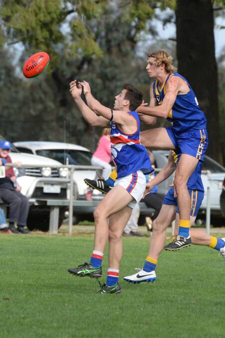 CHFL- Learmonth v Daylesford. Sebastian Walsh (Daylesford) and Jacob Werts (Learmonth). Photo: Kate Healy