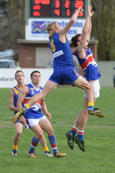 CHFL- Learmonth v Daylesford. Jacob Werts (Learmonth) and Sebastian Walsh (Daylesford). Photo: Kate Healy