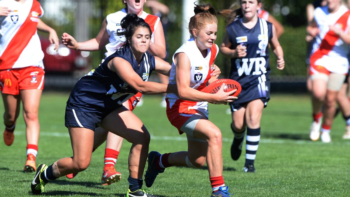 SUBWAY SHIELD YOUTH GIRLS FOOTBALL CHAMPIONSHIP - ROUND 1 - BALLARAT V Western District. Danielle Borelli (Western Rebels) and Crystal Layton (Ballarat). PIC: KATE HEALY