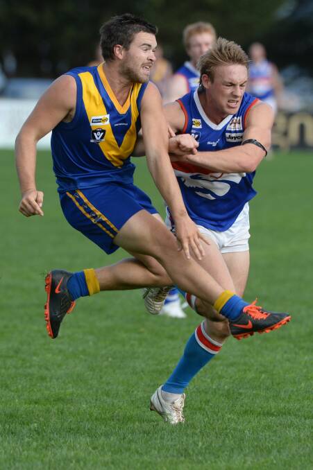 CHFL- Learmonth v Daylesford. Tyson White (Learmonth) and Michael Cummings (Daylesford). Photo: Kate Healy