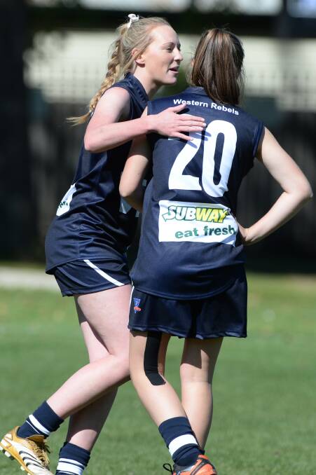 SUBWAY SHIELD YOUTH GIRLS FOOTBALL CHAMPIONSHIP - ROUND 1 - BALLARAT V Western District. Rihannon Whitson and Meghan Wik (Western Rebels). PIC: KATE HEALY