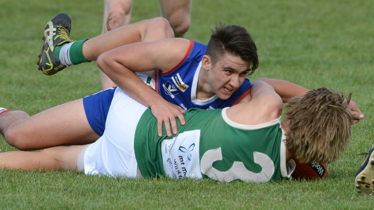 Daylesford v Rokewood-Corindhap. Max Rosstrom (Daylesford) and Caius Barrenger (Rokewood-Corindhap). Photo: Kate Healy.