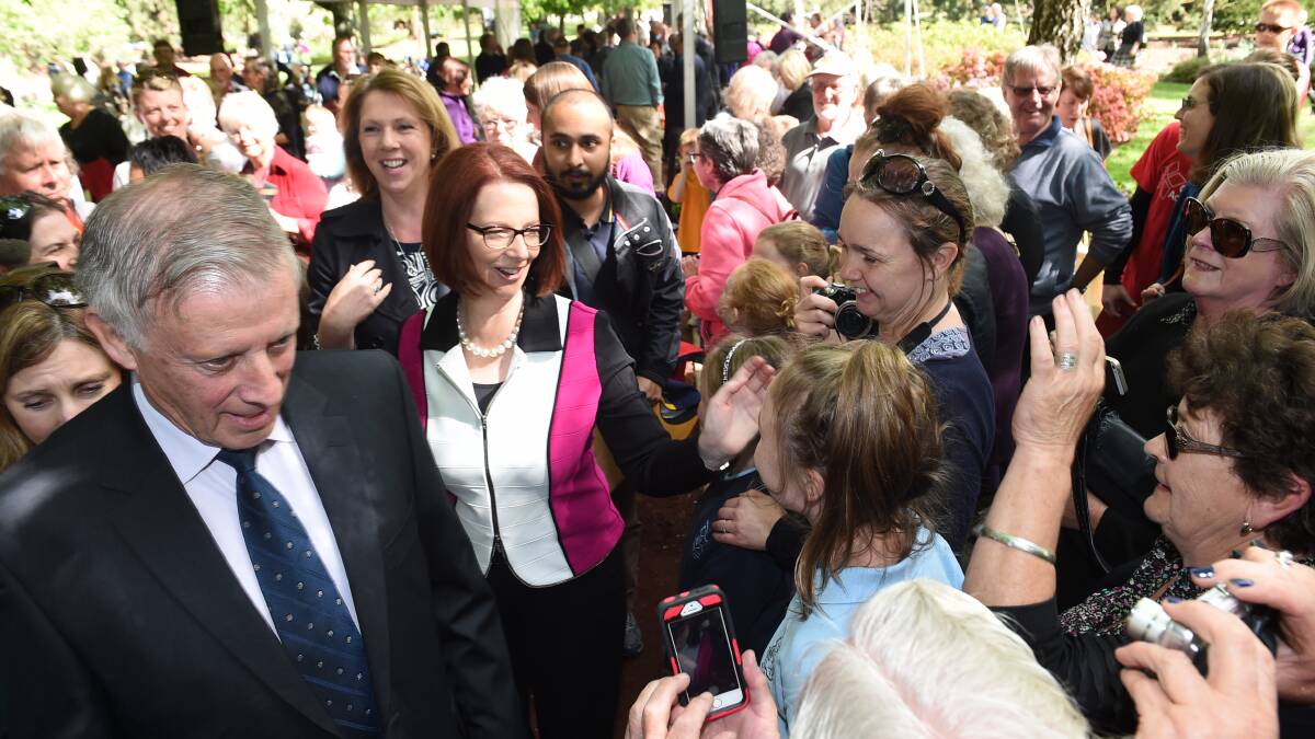 Julia Gillard arrives to unveil her bust with City of Ballarat mayor John Philips. PICTURE: LACHLAN BENCE