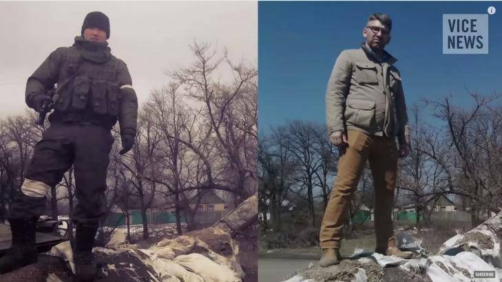 Telling 'selfies' ... right: VICE reporter Simon Ostrovsky stands in Vuhlehirsk in Ukraine, 13km west of Debaltseve. Left: Bato Dambaev, the man Ostrovsky says is a serving Russian soldier, stands at the same destroyed Ukrainian checkpoint in February. Photo: VICE News 