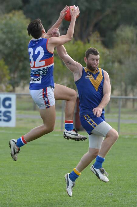 CHFL - Learmonth v Daylesford: Max Risstrom (Daylesford) and Matthew Jackson (Learmonth). Photo: Kate Healy  