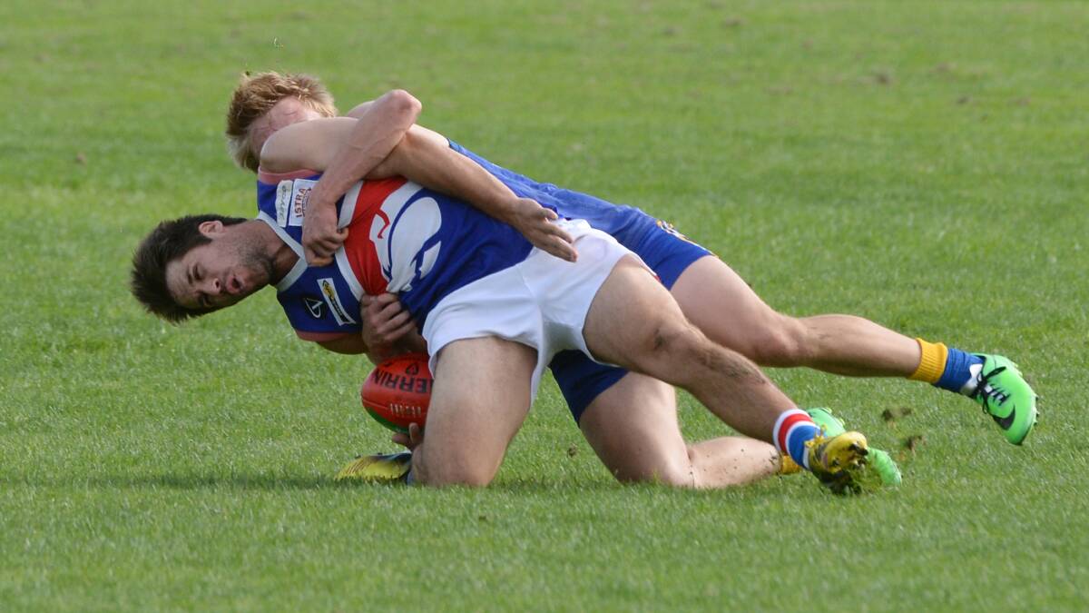 CHFL -  Learmonth v Daylesford: Kane Trimble (Daylesford) and Jackson Ford (Learmonth). Photo: Kate Healy        