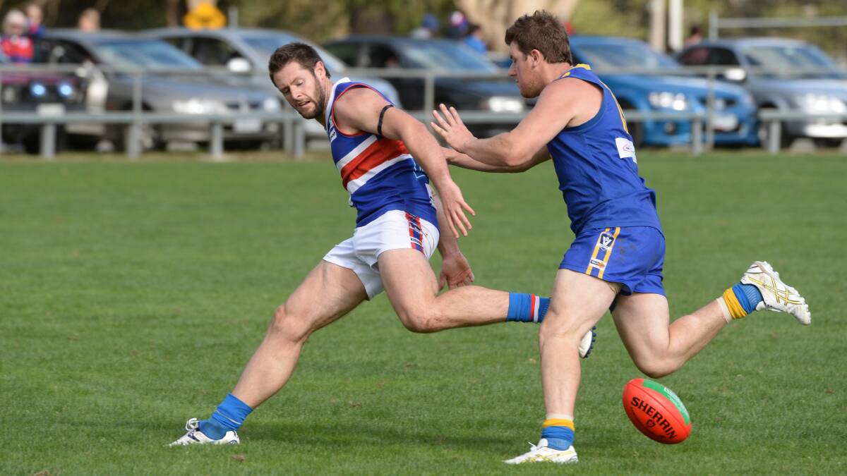 CHFL -  Learmonth v Daylesford: James Evans (Daylesford) and David Wright (Learmonth). Photo: Kate Healy