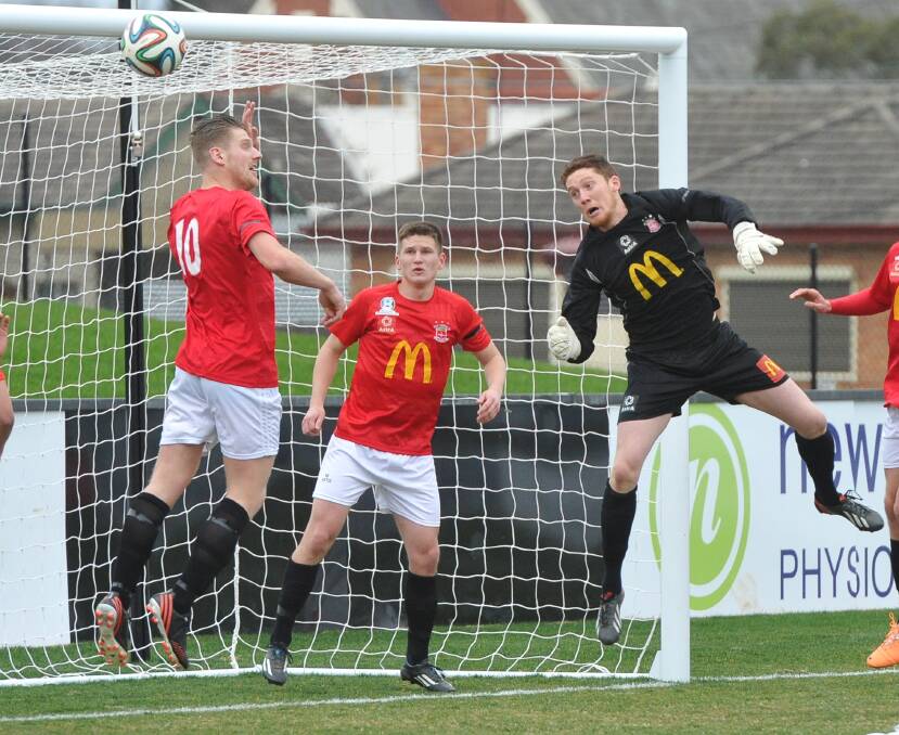 Ballarat Red Devils goalkeeper Aaron Romein watches on as Paul Harvey clears the ball off the line at Morshead Park on Saturday.