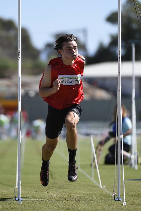 Jack Hale hits the line in his Stawell Gift heat.  Photo: Justin Whitelock