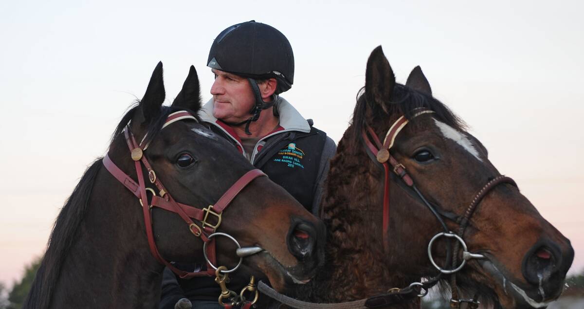 Trainer Darren Weir riding his pony Bart during a Ballarat trackwork session at Ballarat Turf Club. PICTURE: GETTY IMAGES