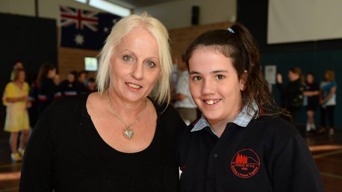 Forest St Primary School induction assembly for school and house captains. Christine Cochrane w/school captain Tahlia Raeburn. 