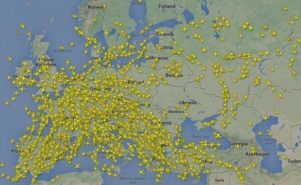 An image of flights all over Europe largely avoiding Ukrainian airspace this morning. Picture: Flight Radar