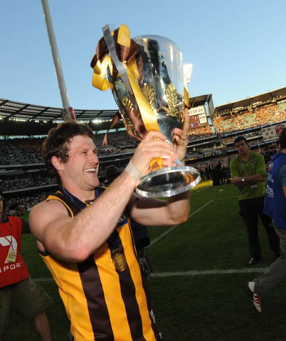 Campbell Brown holds aloft the 2008 premiership cup after the Hawks snatched victory from the highly-touted Geelong Cats.