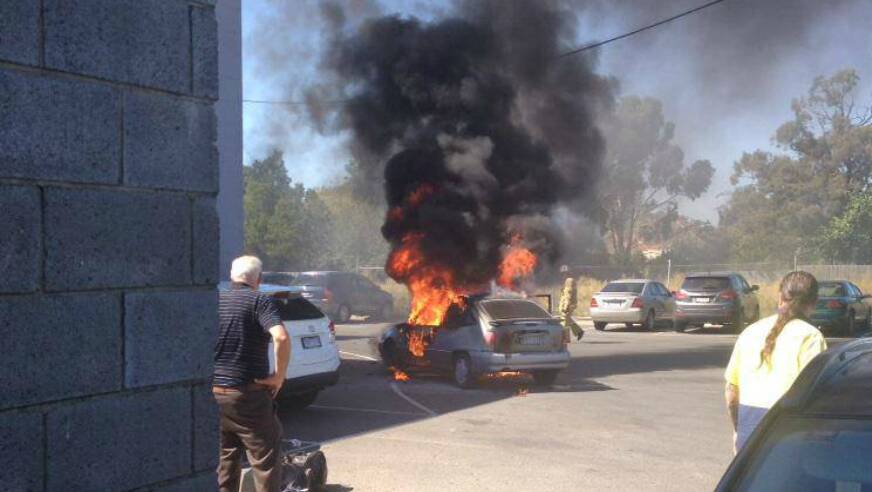 The car fire in Wendouree on Tuesday morning. PICTURE: ALISTAIR KING