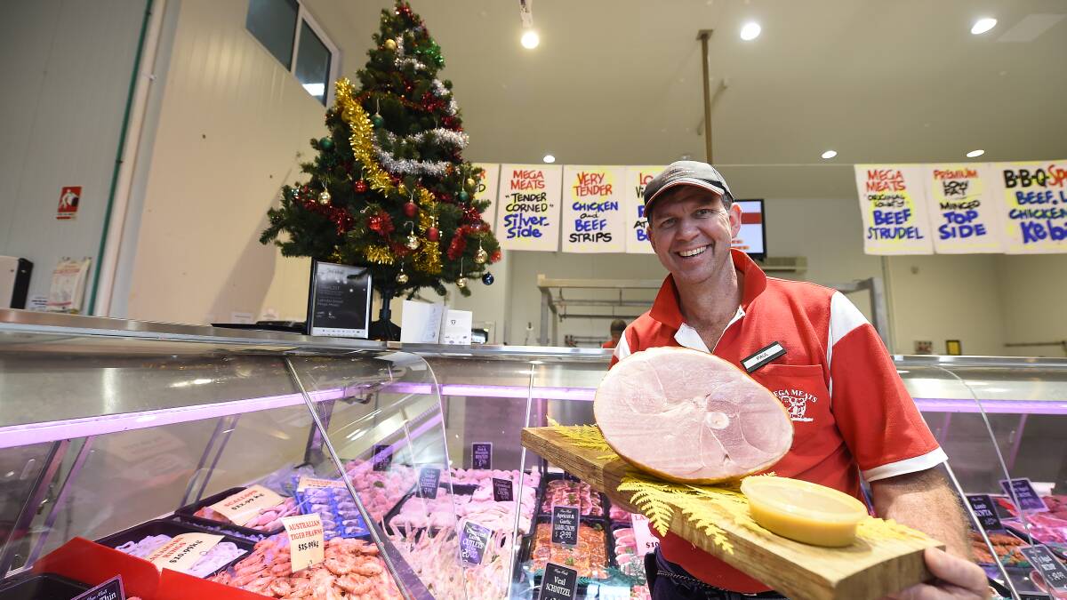 Paul Parker, from Mega Meats, with a ham. He is one of the 12 Ballarat butchers as part of the 12 Hams of Xmas series. PICTURE, VIDEO: JUSTIN WHITELOCK