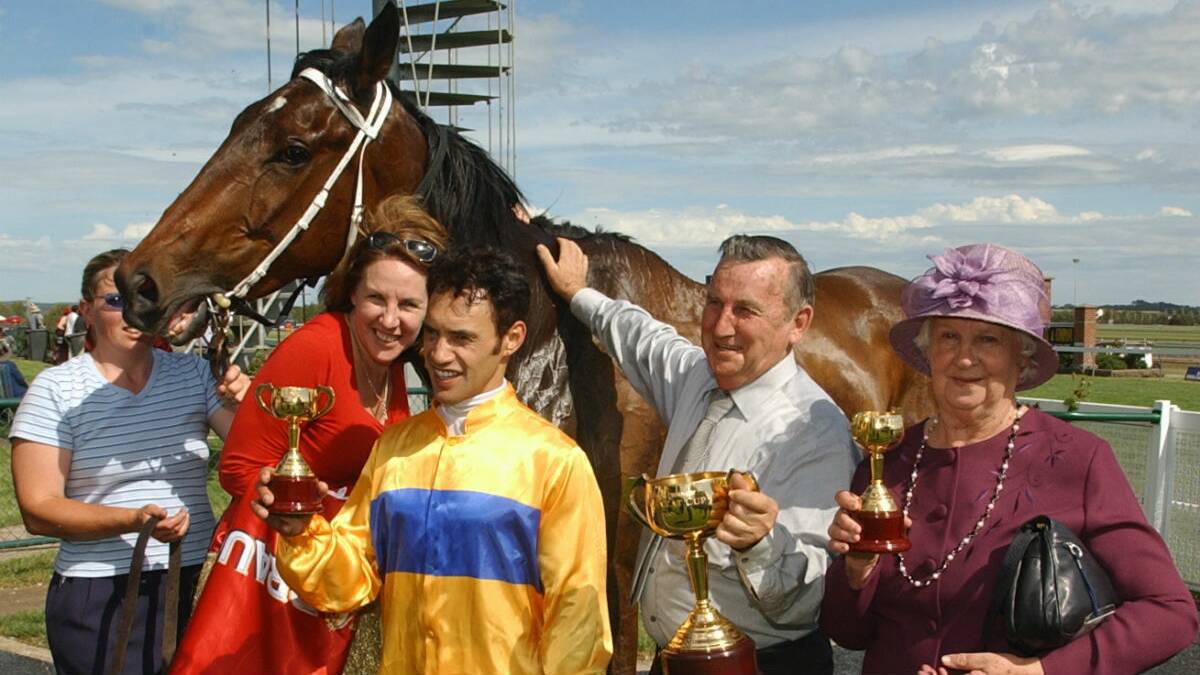 Western Waters with from left, Shay Brown and Debra Opie strappers, jockey Wayne Hokai, owners Syd and Marg Catherall.
