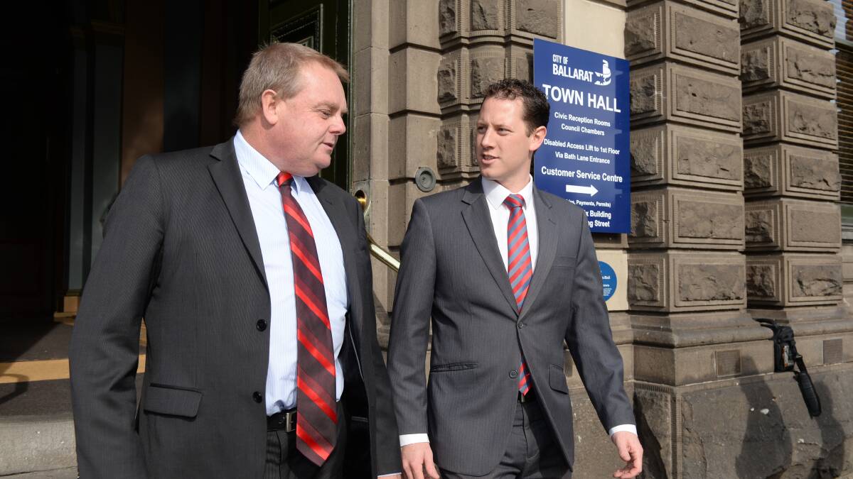 Local government minister Tim Bull and Ballarat mayor Joshua Morris in May 2014. PICTURE: KATE HEALY