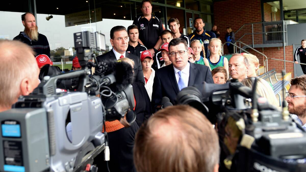 Opposition leader Daniel Andrews announcing a $31.5 million election promise at Eureka Stadium. PICTURE: LACHLAN BENCE