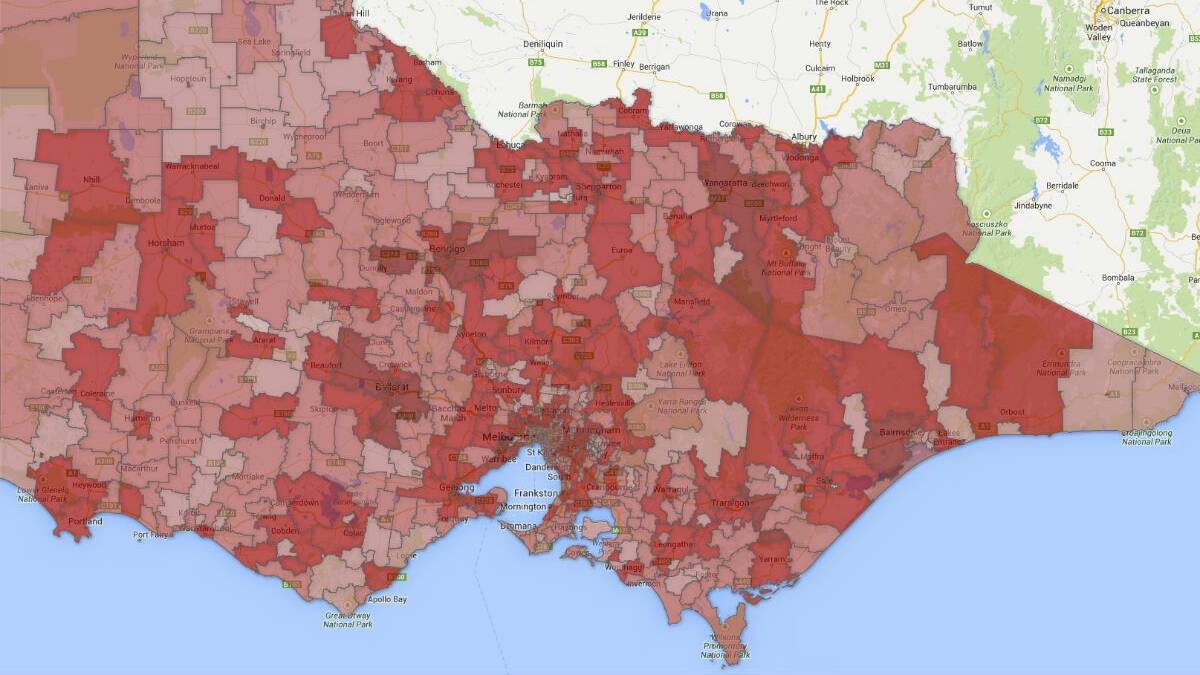 Guns registered across Victoria by postcode. PICTURE: THE COURIER / GOOGLE