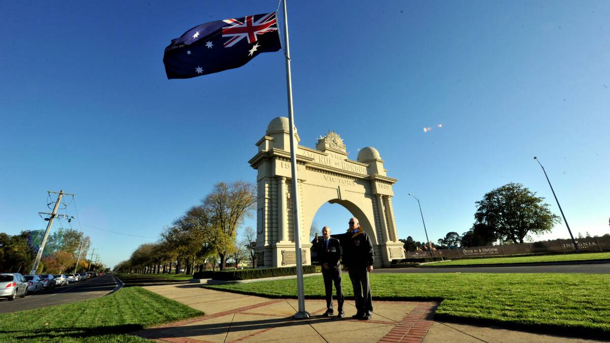 Vic Bradley and Paul Jenkins at the Ballarat Arch of Victory Anzac Day service. PICTURE: JEREMY BANNISTER