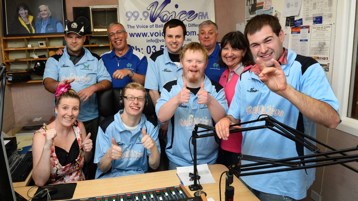McCallum Disability Services radio group, Radioactive, from back left Matt Petersen, Raul Estevez from Crystal Blue Butterfly, Neil Farquhar, Wayne Tully from Crystal Blue Butterfly and Voice FM general manager Helen Bath. Front from left, Narelle Fairweather, Donald Rogers, David Hamilton and Andrew Gear. 
Picture: ADAM TRAFFORD