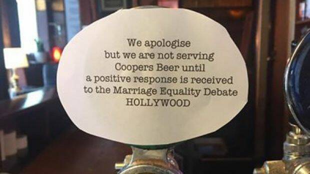 The Hollywood Hotel in Surry Hills put a note on its Coopers tap to say it would be boycotting the beer. Photo: Facebook