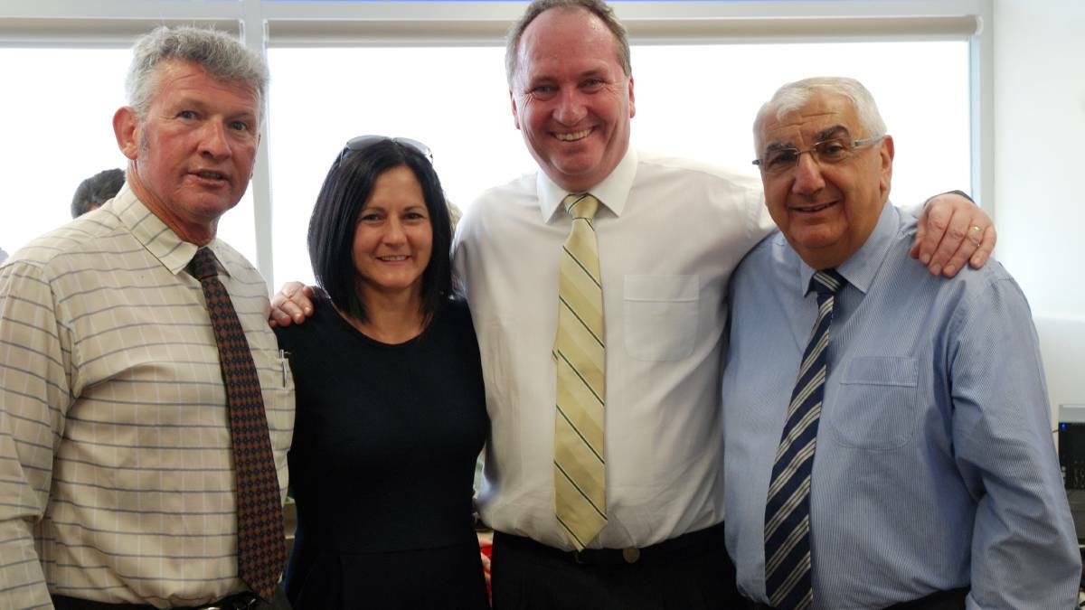 Minister Barnaby Joyce with wife Natalie, Tenterfield mayor Peter Petty and Lismore MP Thomas George at his Tenterfield office Christmas party. Mr Joyce has come under fire for the costs expended on the Tenterfield and Armidale offices.