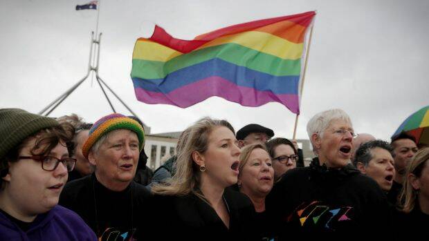 Same-sex marriage supporters outside Parliament House. Photo: Andrew Meares

