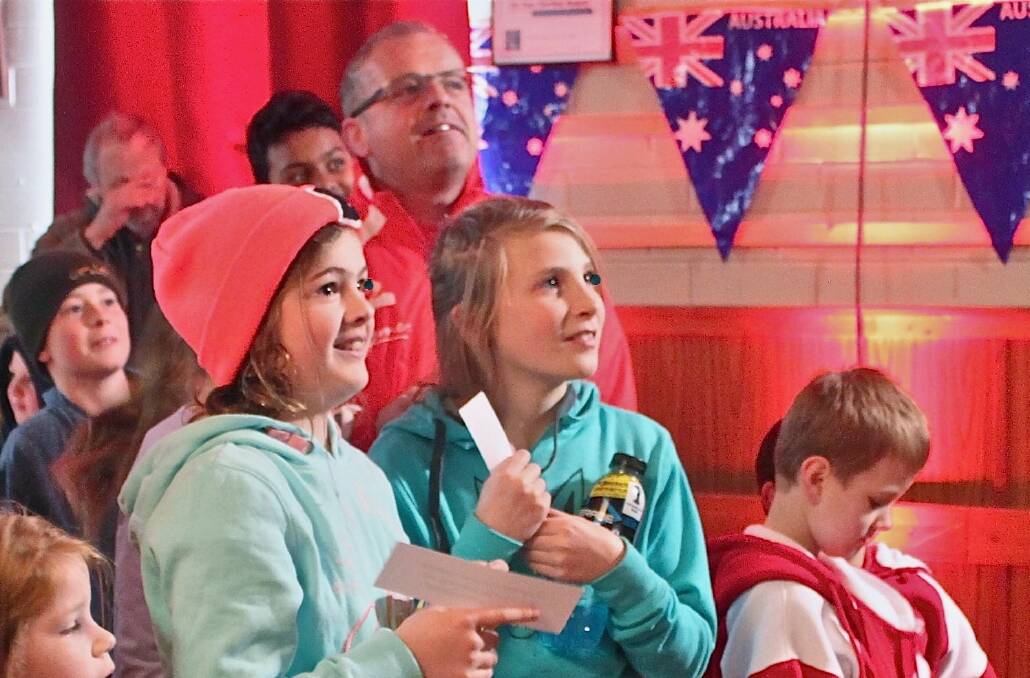 Ballarat Soccer Club junior players Bella Kay and Emily Grant wait in anticipation for an answer to their question from Socceroo Eugene Galekovic.