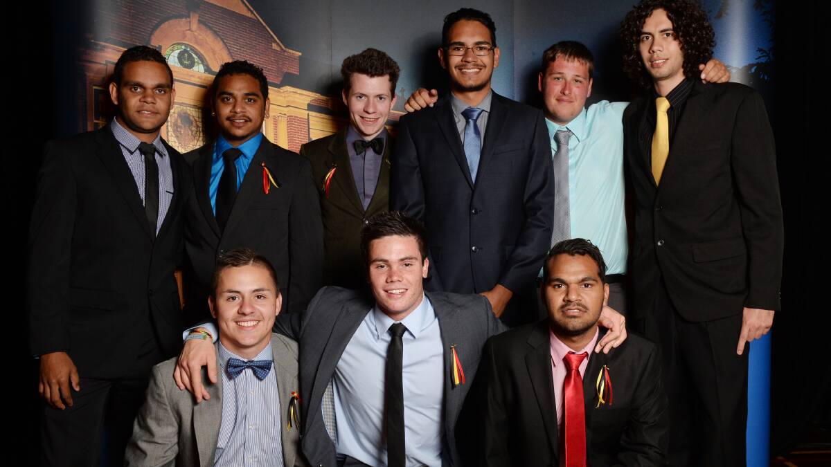 Graduates, from back left, Daniel Abbott, Shaquille Kruger, Wattie Hutcheon, Josh Tranter, Blair Gilson and Zac Healey, and front from left, Daniel Briggs, Will Austin and Shane McAuliffe, are graduating from St Patrick’s College Indigenous outreach program. PICTURE: KATE HEALY