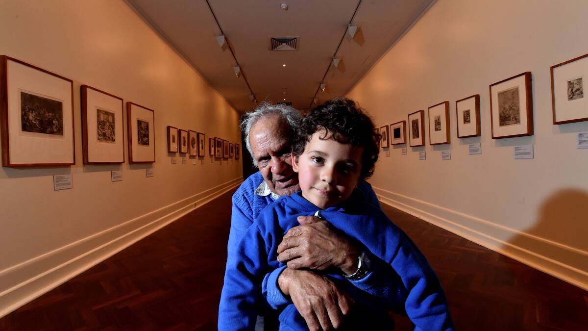 Aboriginal elder Murray Harrison with his great grandson Ryder, 4, at the Art Gallery of Ballarat. 
PICTURE: JEREMY BANNISTER