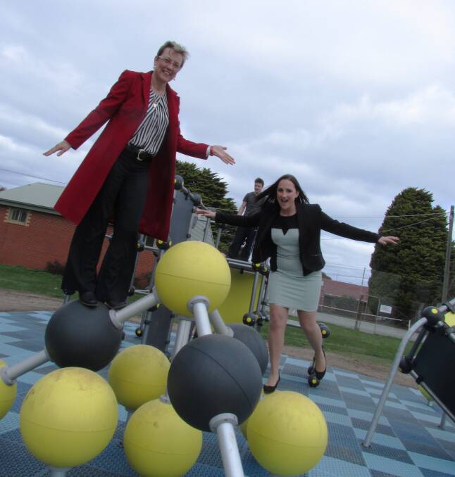  City of Ballarat councillors Amy Johnson and Vicki Coltman test out the new youth activity space at the CE Brown Reserve at Wendouree.