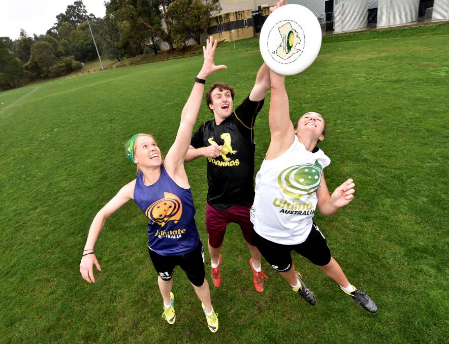 FedUni students Mary Toney, Lauren Tink and Patrick Thorp will compete at the world Ultimate championships in London. PICTURE: JEREMY BANNISTER