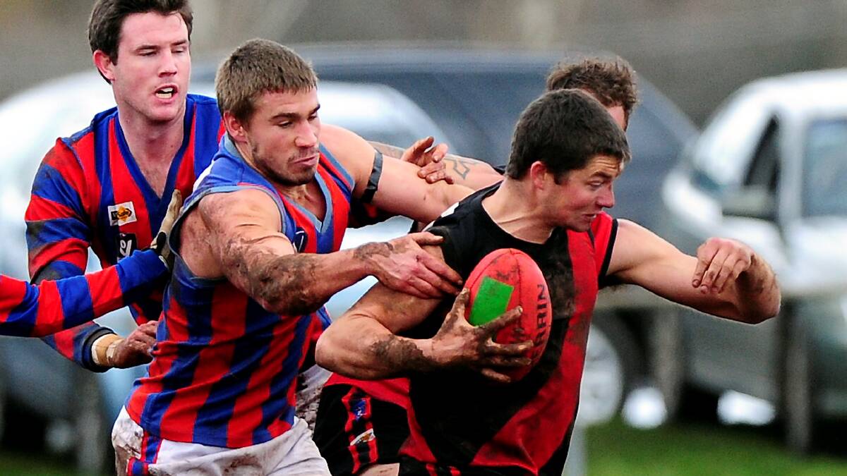  Hepburn’s Josh Clissold will play his second game for the season this week. Here, he is pictured tackling Buninyong’s Sam Turner. PICTURE: JEREMY BANNISTER