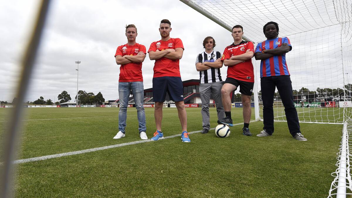 Ballarat Red Devils’ Jimmy Downey and Liam Harding, referee Tim Beggs and BDSA All Stars Isaac Harbour and Phil Oduor are set for the first annual Friendship Cup on Tuesday night. PICTURE: JUSTIN WHITELOCK