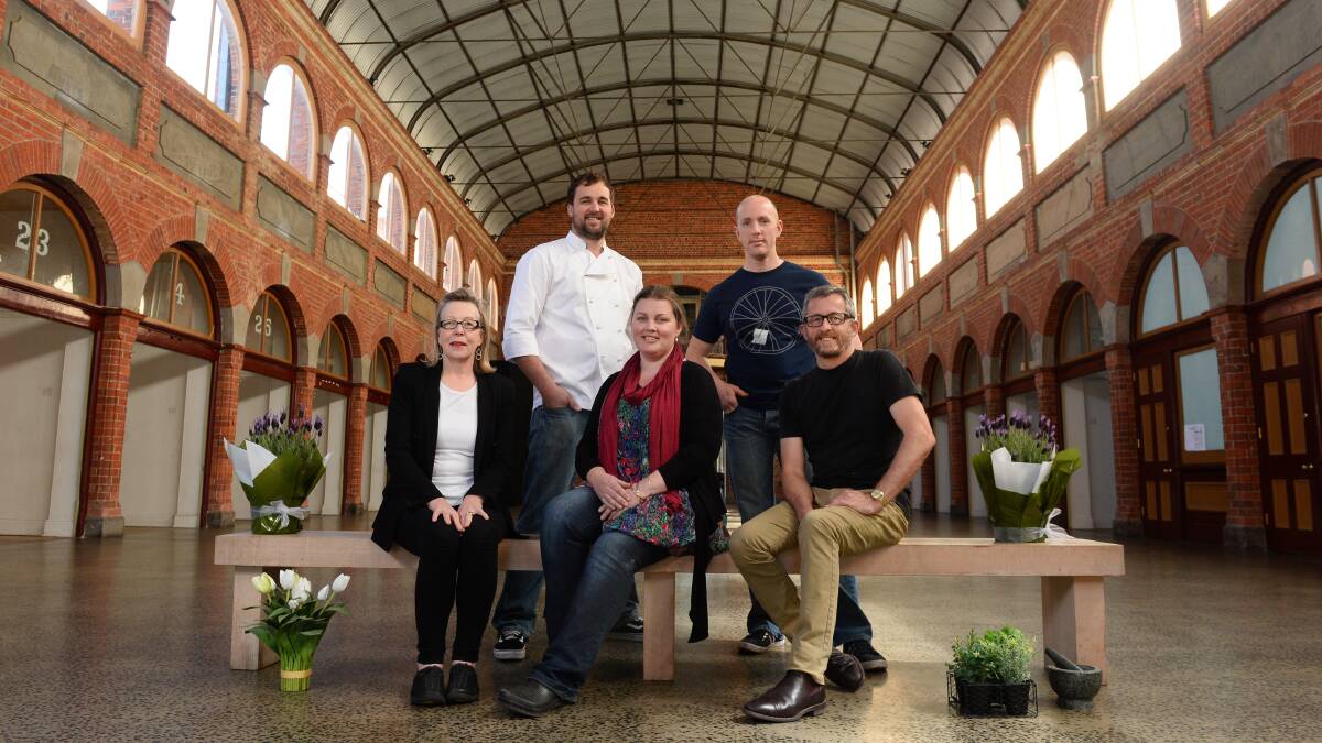 From back left, Jackson’s and Co head chef Jeff Trotter and Paul Williams of Le Peche Gourmand Creswick; front from left, Leeanne Campana of Stockade Cellars, Sara Kittelty of Kittelty’s and Peter Ford of Peter Ford Catering. PICTURE: ADAM TRAFFORD