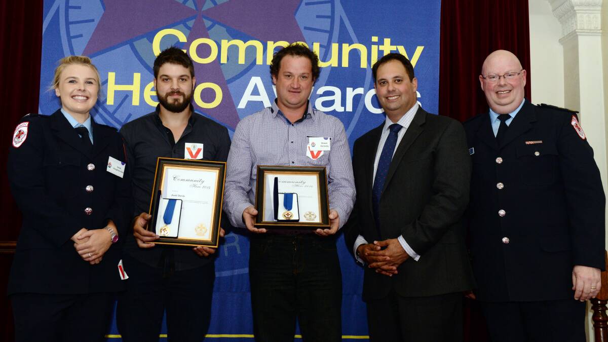 recognised: Paramedic Sarah Houghton-Sims, Josh Davis, Shawn Kennedy, Southern Metropolitan Region MLC Philip Dalidakis and Ambulance Victoria regional services general manager Tony Walker. picture: kate healy