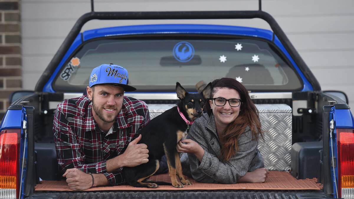 Michael and Nicole Avery with six-month old kelpie cross Dallas, who needs a home. Picture: Justin Whitelock