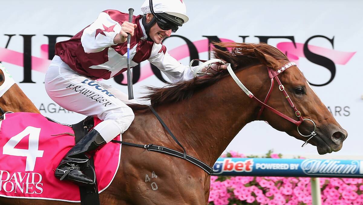 Brad Rawiller salutes Trust In A Gust's arrival as a group 1 winner. Photo: Getty Images