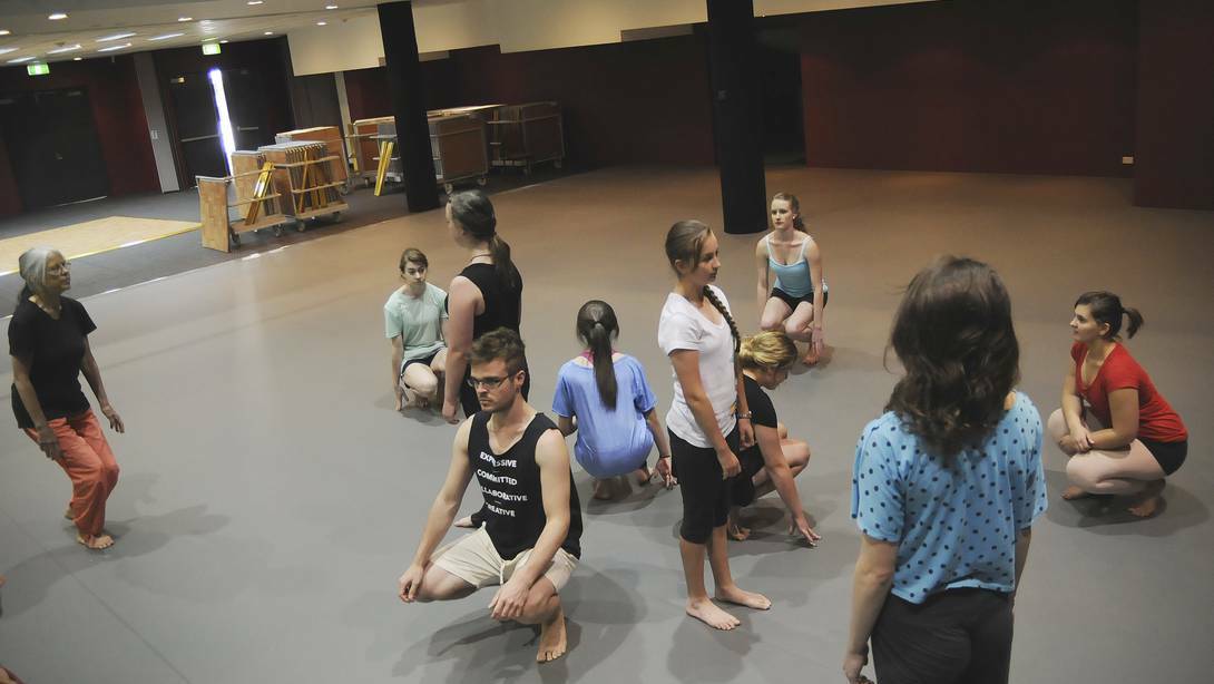 Participants in Lingua Franca’s three-day dance and physical theatre workshop carrying out focus exercises at Bathurst Memorial Entertainment Centre. Picture: Chris Seabrook 