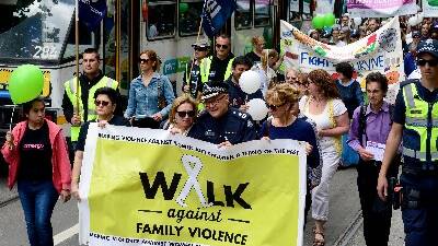 Rosie Batty and Ken Lay led the Walk Against Family Violence in November last year.