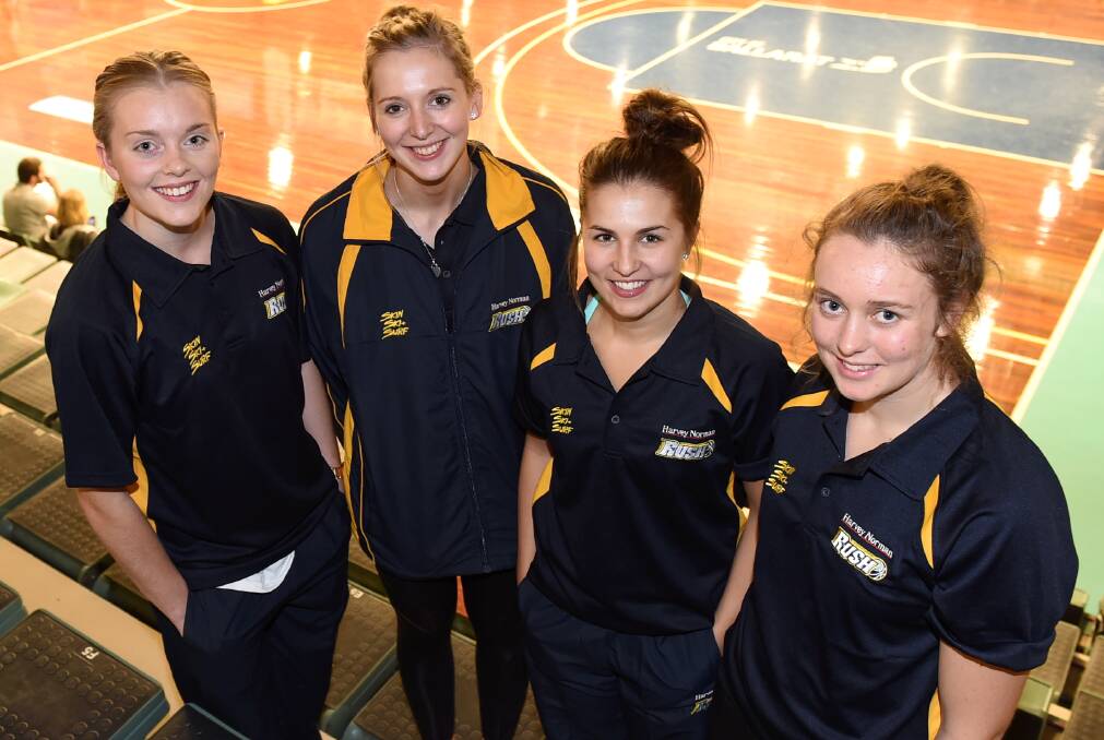 Ballarat Rush new co-captain Abbey Wehrung, Jess May, Bronte Clark and Claire Constable. Co-captain Kristy Rinaldi is absent. 
PICTURE: LACHLAN BENCE