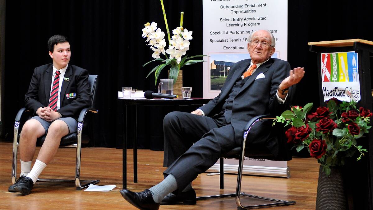 Former PM Malcolm Fraser addresses school leaders at Mt Clear College after Yr10 student Scott Walker (L) invited him to speak at the school.