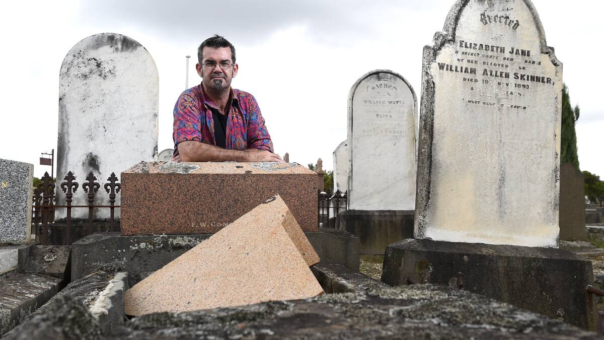 Ballarat resident Peter Sparkman at the site of the historic tombstone that was smashed to pieces at the Ballarat Old Cemetery. PICTURE: JUSTIN WHITELOCK