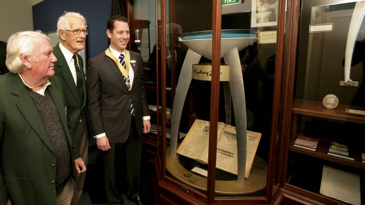 Memorabilia: Bobby Bath, John Vernon and Ballarat Mayor Josh Morris view the new display. 