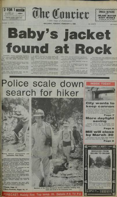 The Courier front page, February 6, 1986 - Days after Peter Whyte's car is found the search is scaled down. SOURCE: The Courier archives