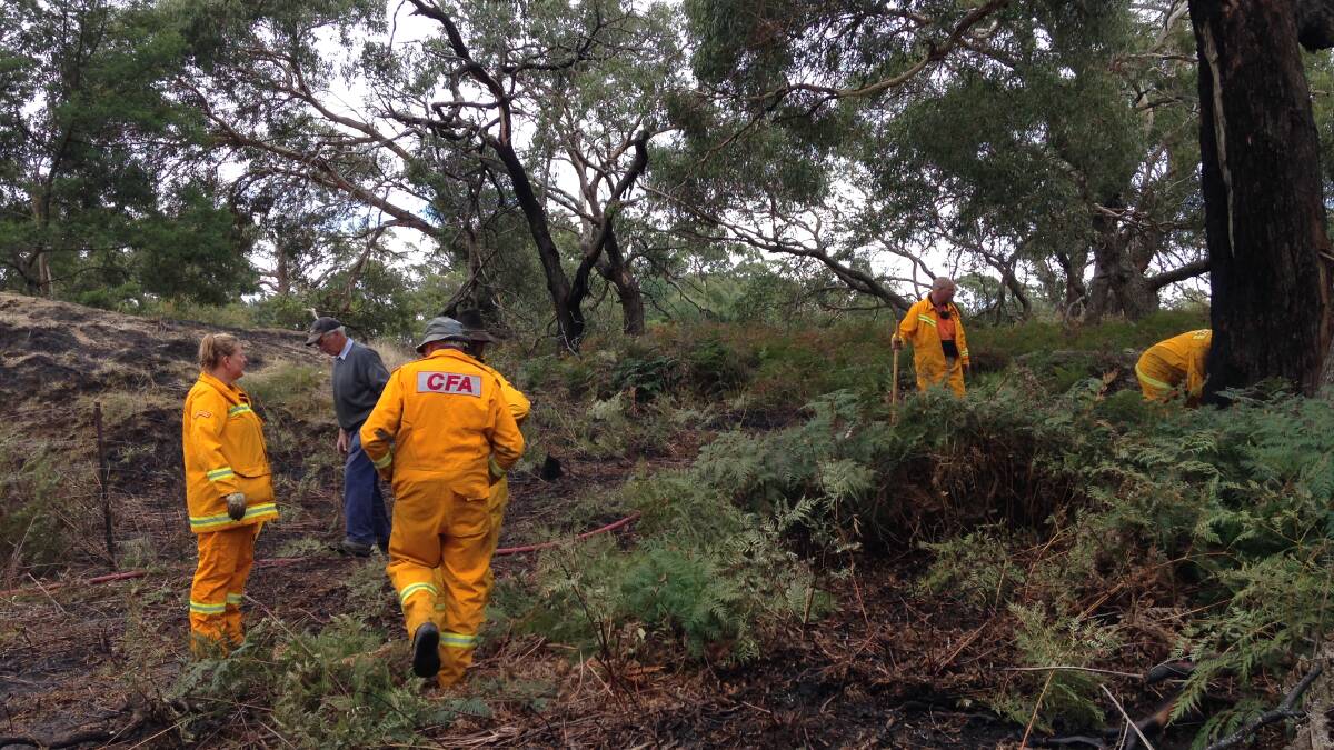 CFA crews inspect scrub near the Ballarat-Carngham Road following a fire on Monday.