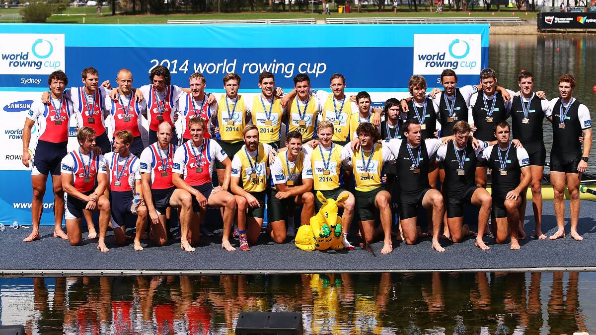 The Netherland, Australian and New Zealnd teams pose for a photo after the Mens Eight race during the Rowing World Cup at the Sydney International Rowing Centre. Photo: Getty