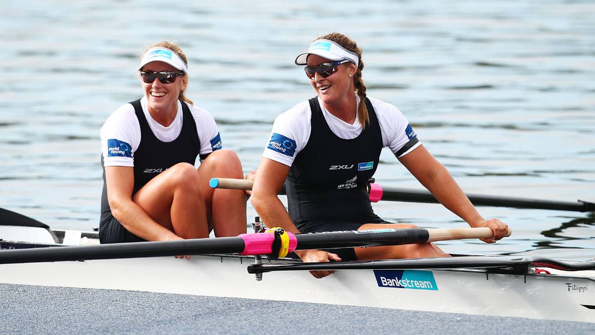 Louise Trappitt and Rebecca Scown of New Zealand are pictured after winning the Womens Pair race. Photo: Getty